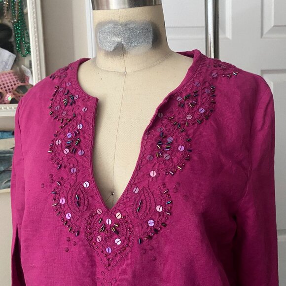 OLD NAVY Magenta LINEN Beaded Bohemian Hippie Lounge Tunic shirt *MEDIUM* - Picture 2 of 6